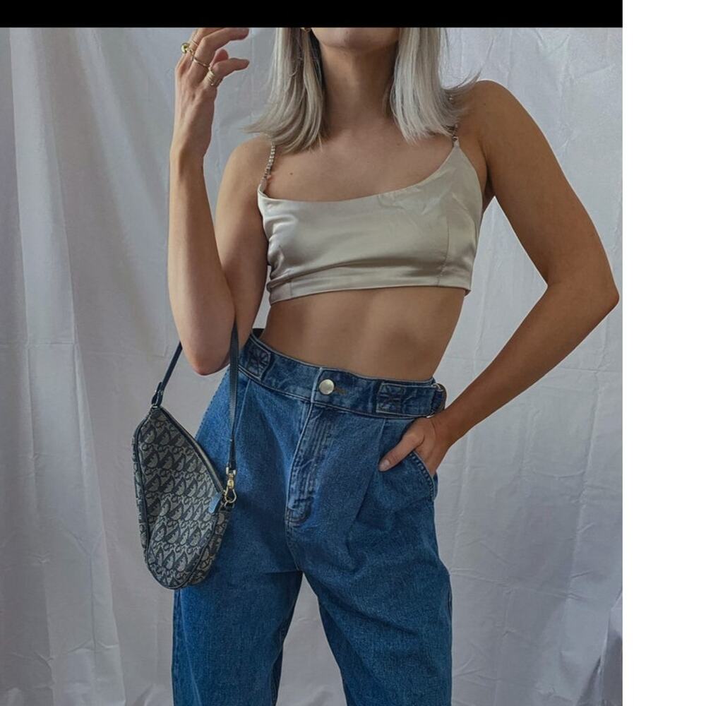 Boohoo champagne bra top with rhinestone straps, size 2